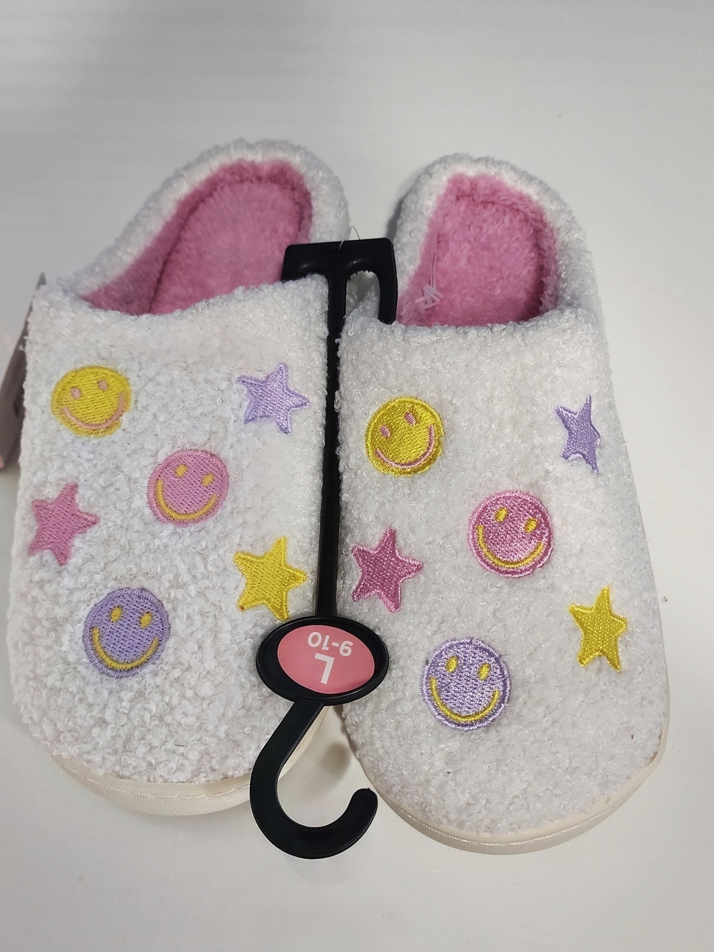 White Fuzzy Slip-On Slippers with Pastel Smiley & Star Embroidery Comfortable